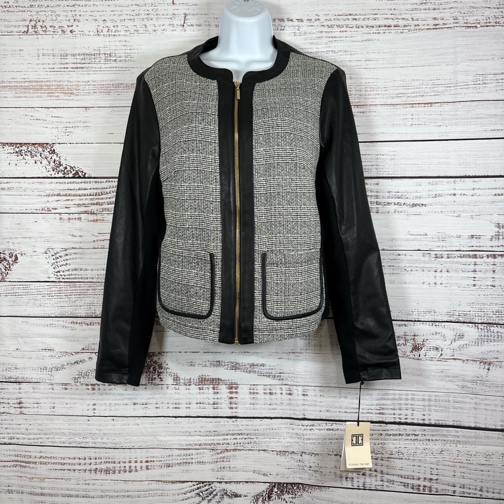 Ivanka Trump Black White Zipper Front Faux Leather Moto Jacket